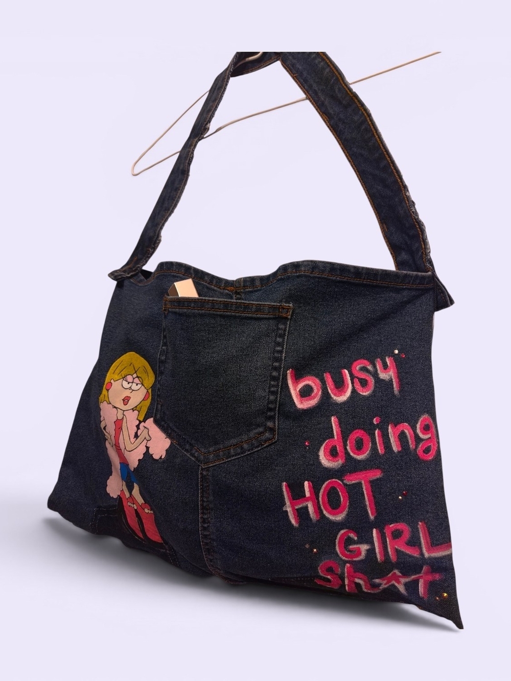 Denim Tote Bag with Pink Graphic "Busy Doing Hot Girl Shit"